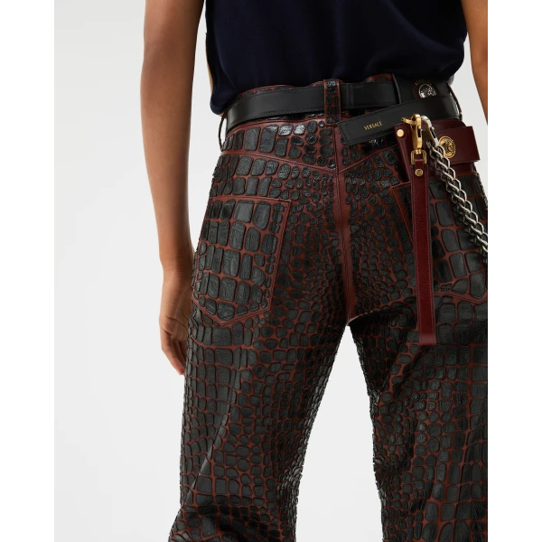 Versace Embroidered Croc-Effect Leather Pants in Black and Brown, view 5 | Pants