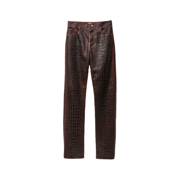 Versace Embroidered Croc-Effect Leather Pants in Black and Brown | Pants | Coveti