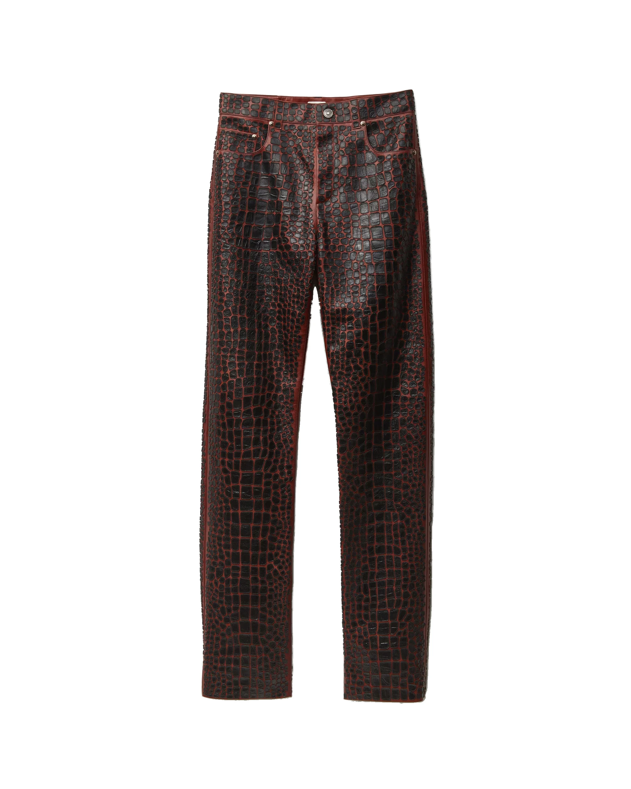 Versace Embroidered Croc-Effect Leather Pants in Black and Brown Versace Embroidered Croc-Effect Leather Pants in Black and Brown | Pants | Coveti
