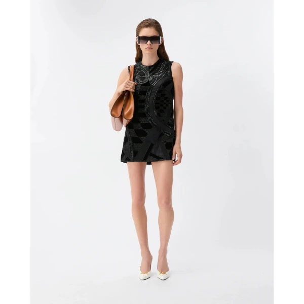 Versace Embroidered Envers-Satin Mini Dress in Black, view 2 | Mini Dresses