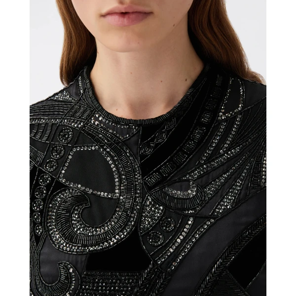 Versace Embroidered Envers-Satin Mini Dress in Black, view 5 | Mini Dresses