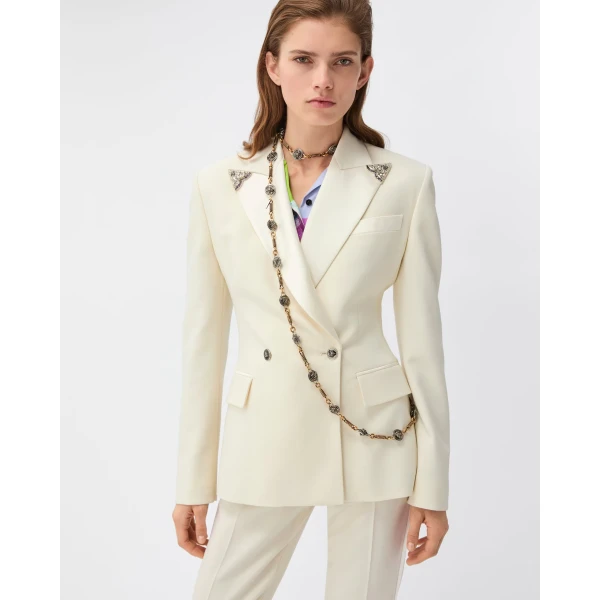 Versace Embroidered-Lapel Stretch Wool Blazer in White, view 2 | Blazers