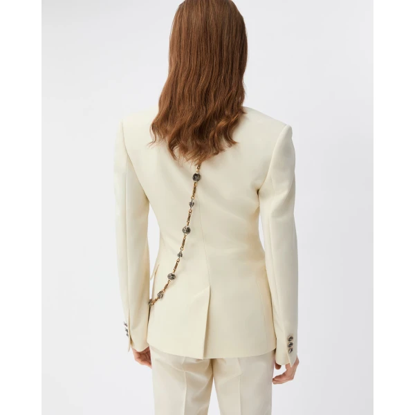 Versace Embroidered-Lapel Stretch Wool Blazer in White, view 3 | Blazers