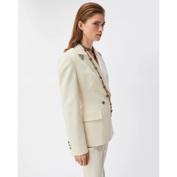 Versace Embroidered-Lapel Stretch Wool Blazer in White, view 4 | Blazers