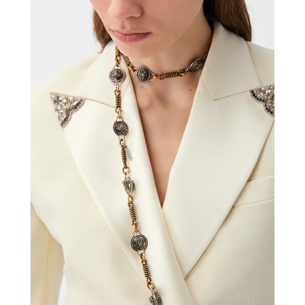 Versace Embroidered-Lapel Stretch Wool Blazer in White, view 5 | Blazers