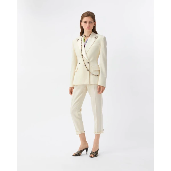 Versace Embroidered-Lapel Stretch Wool Blazer in White, view 6 | Blazers