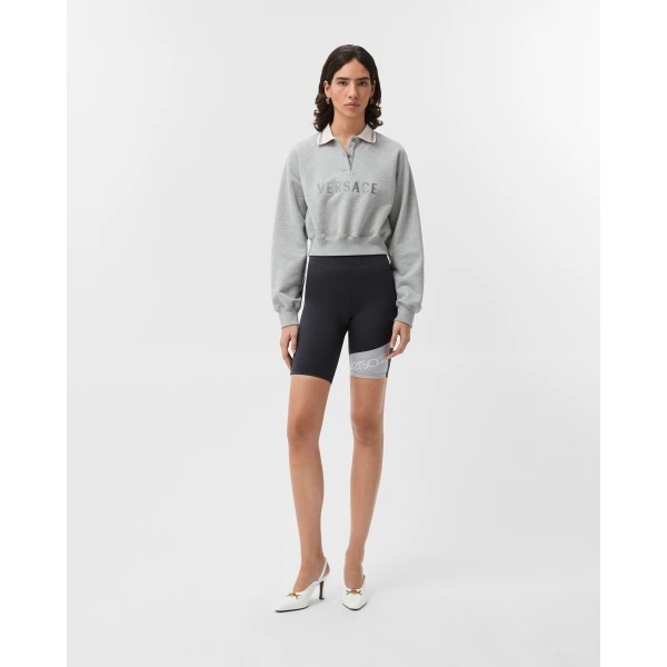 Versace Embroidered-Logo Bicycle Shorts in Black and Grey, view 2 | Shorts
