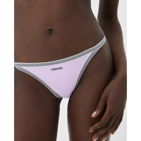 Versace Embroidered-Logo Bikini Bottoms in Lilac, view 5 | Bikini