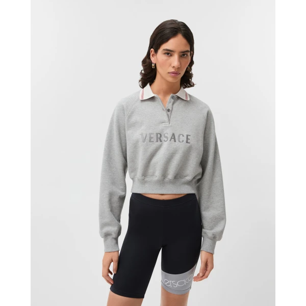 Versace Embroidered-Logo Cotton-Jersey Sweatshirt in Grey, view 2 | Hoodies