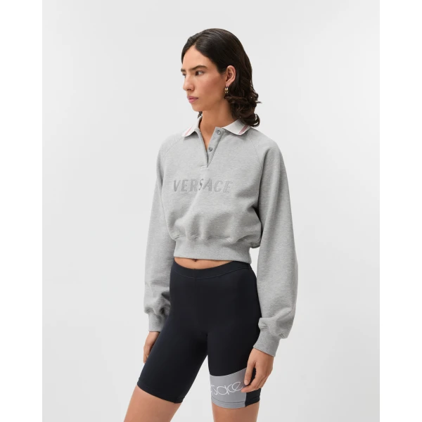 Versace Embroidered-Logo Cotton-Jersey Sweatshirt in Grey, view 4 | Hoodies