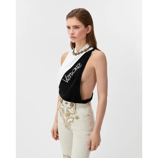 Versace Embroidered-Logo Cotton-Jersey Tank Top in White, view 2 | Sleeveless