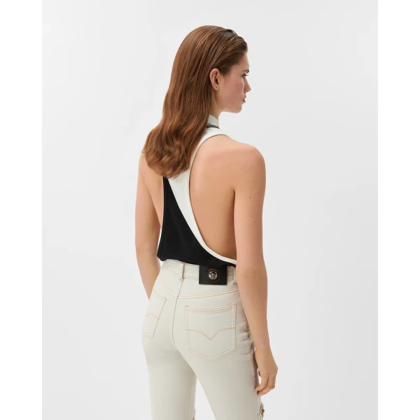 Versace Embroidered-Logo Cotton-Jersey Tank Top in White, view 3 | Sleeveless