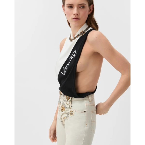 Versace Embroidered-Logo Cotton-Jersey Tank Top in White, view 4 | Sleeveless