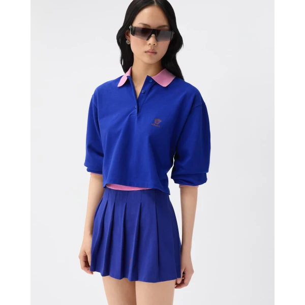 Versace Embroidered-Logo Cotton Piqué Long-Sleeved Polo in Blue, view 2 | Tops