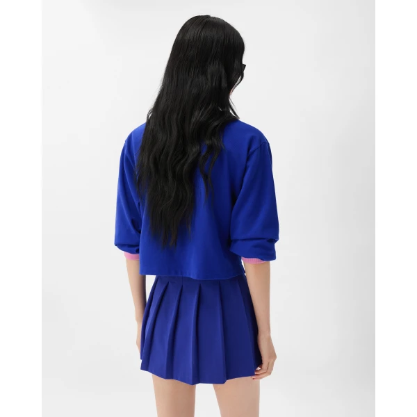 Versace Embroidered-Logo Cotton Piqué Long-Sleeved Polo in Blue, view 3 | Tops
