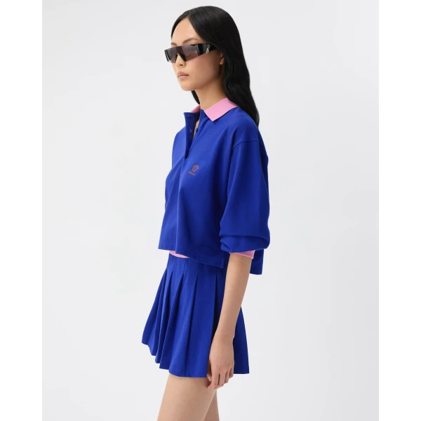 Versace Embroidered-Logo Cotton Piqué Long-Sleeved Polo in Blue, view 4 | Tops