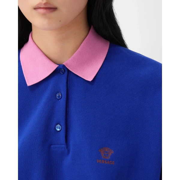 Versace Embroidered-Logo Cotton Piqué Long-Sleeved Polo in Blue, view 5 | Tops