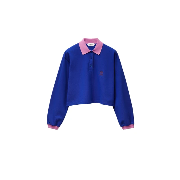 Versace Embroidered-Logo Cotton Piqué Long-Sleeved Polo in Blue | Tops | Coveti