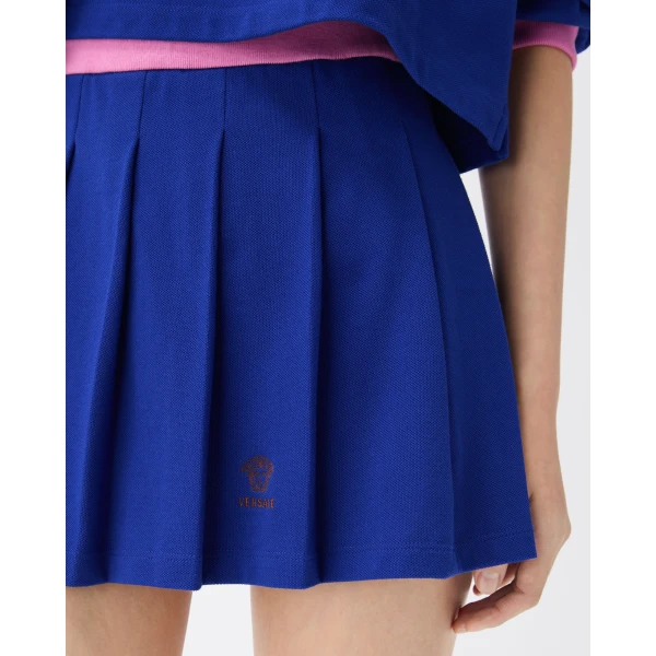 Versace Embroidered-Logo Cotton Piqué Pleated Mini Skirt in Blue, view 5 | Pleated Skirts