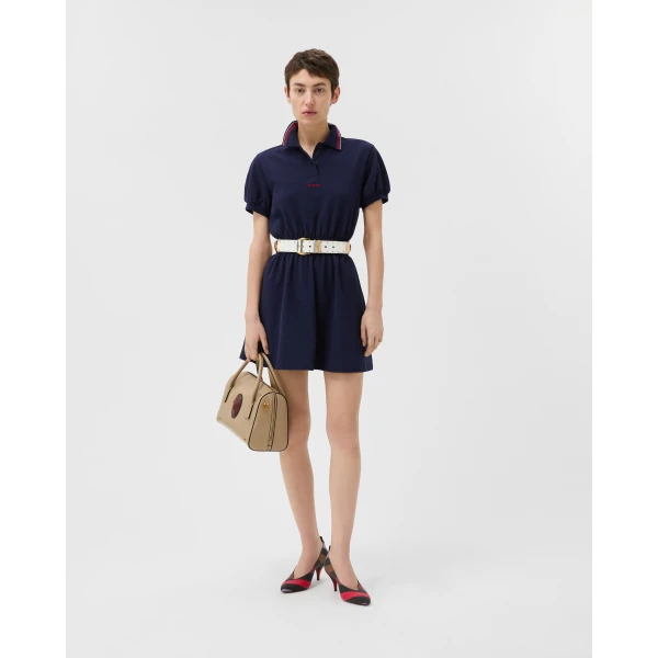 Versace Embroidered-Logo Cotton Piqué Polo Mini Dress in Navy, view 2 | Mini Dresses