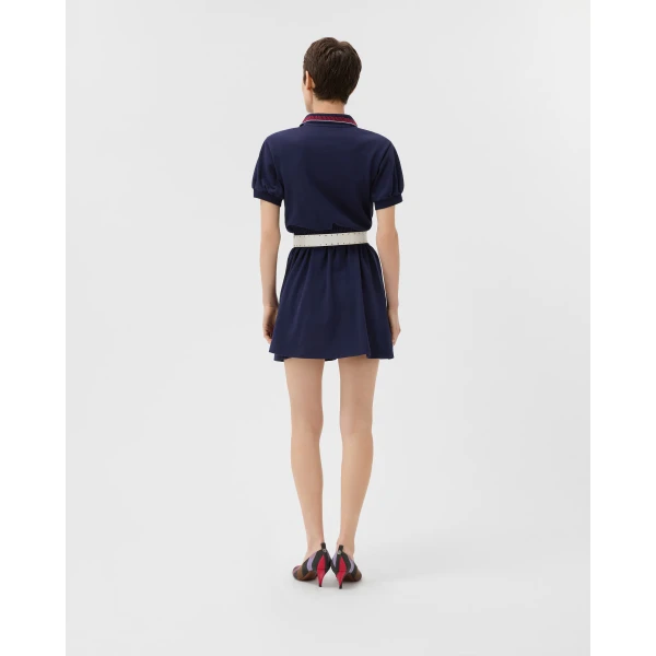Versace Embroidered-Logo Cotton Piqué Polo Mini Dress in Navy, view 3 | Mini Dresses