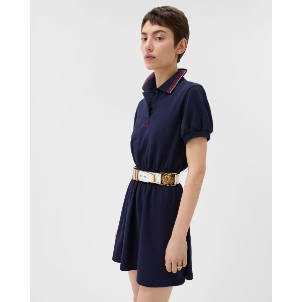 Versace Embroidered-Logo Cotton Piqué Polo Mini Dress in Navy, view 4 | Mini Dresses