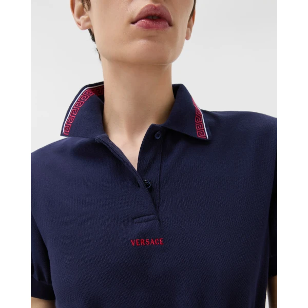 Versace Embroidered-Logo Cotton Piqué Polo Mini Dress in Navy, view 5 | Mini Dresses