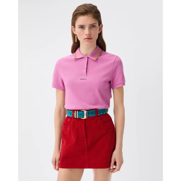 Versace Embroidered-Logo Cotton Piqué Polo in Pink, view 2 | Tops
