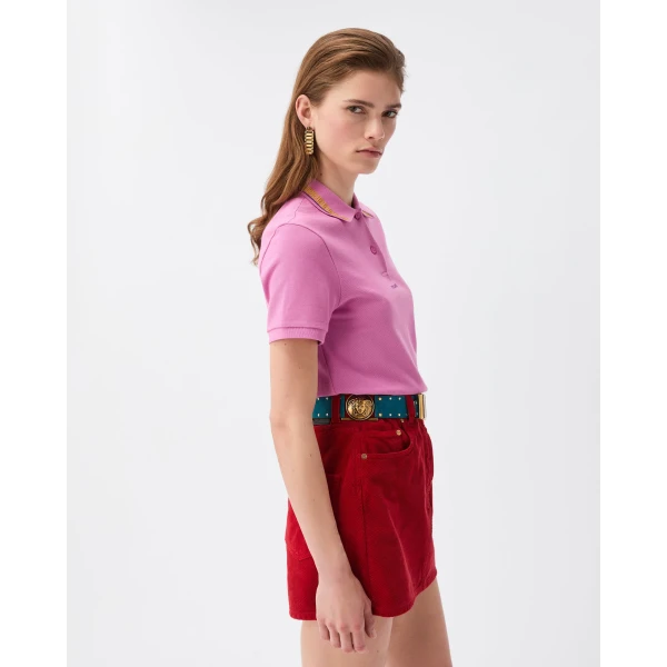 Versace Embroidered-Logo Cotton Piqué Polo in Pink, view 4 | Tops