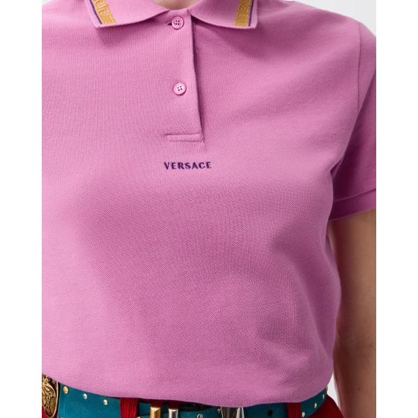 Versace Embroidered-Logo Cotton Piqué Polo in Pink, view 5 | Tops