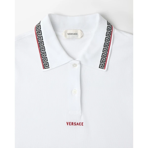 Versace Embroidered-Logo Cotton Piqué Polo in White, view 2 | Tops