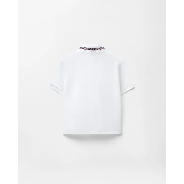 Versace Embroidered-Logo Cotton Piqué Polo in White, view 3 | Tops