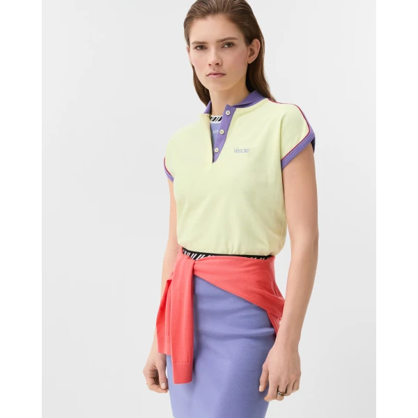 Versace Embroidered-Logo Cotton Piqué Polo in Yellow, view 4 | Tops