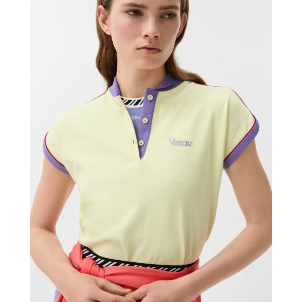 Versace Embroidered-Logo Cotton Piqué Polo in Yellow, view 5 | Tops
