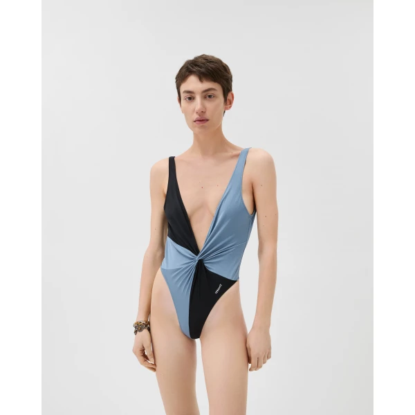 Versace Embroidered-Logo One-Piece Swimsuit in Black and Blue, view 2 | Swimsuits