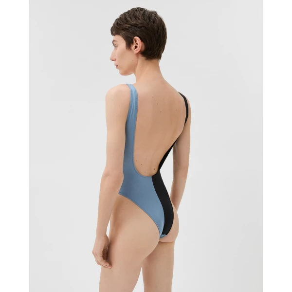 Versace Embroidered-Logo One-Piece Swimsuit in Black and Blue, view 3 | Swimsuits