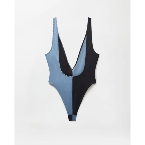 Versace Embroidered-Logo One-Piece Swimsuit in Black and Blue, view 4 | Swimsuits