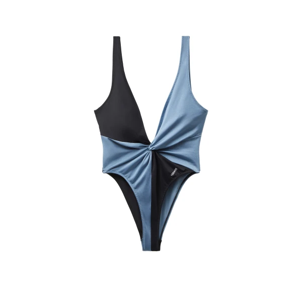 Embroidered-Logo One-Piece Swimsuit in Black and Blue