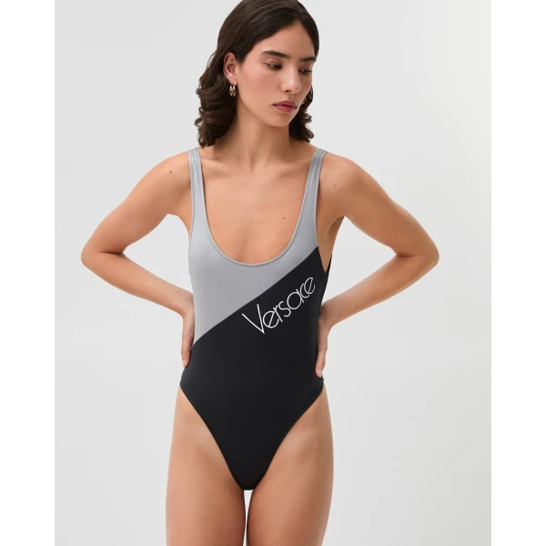 Versace Embroidered-Logo One-Piece Swimsuit in Black and Grey, view 2 | Swimsuits