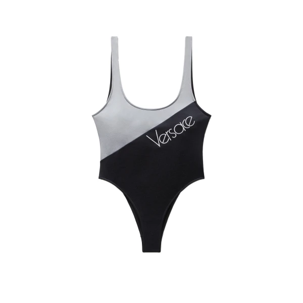 Embroidered-Logo One-Piece Swimsuit in Black and Grey
