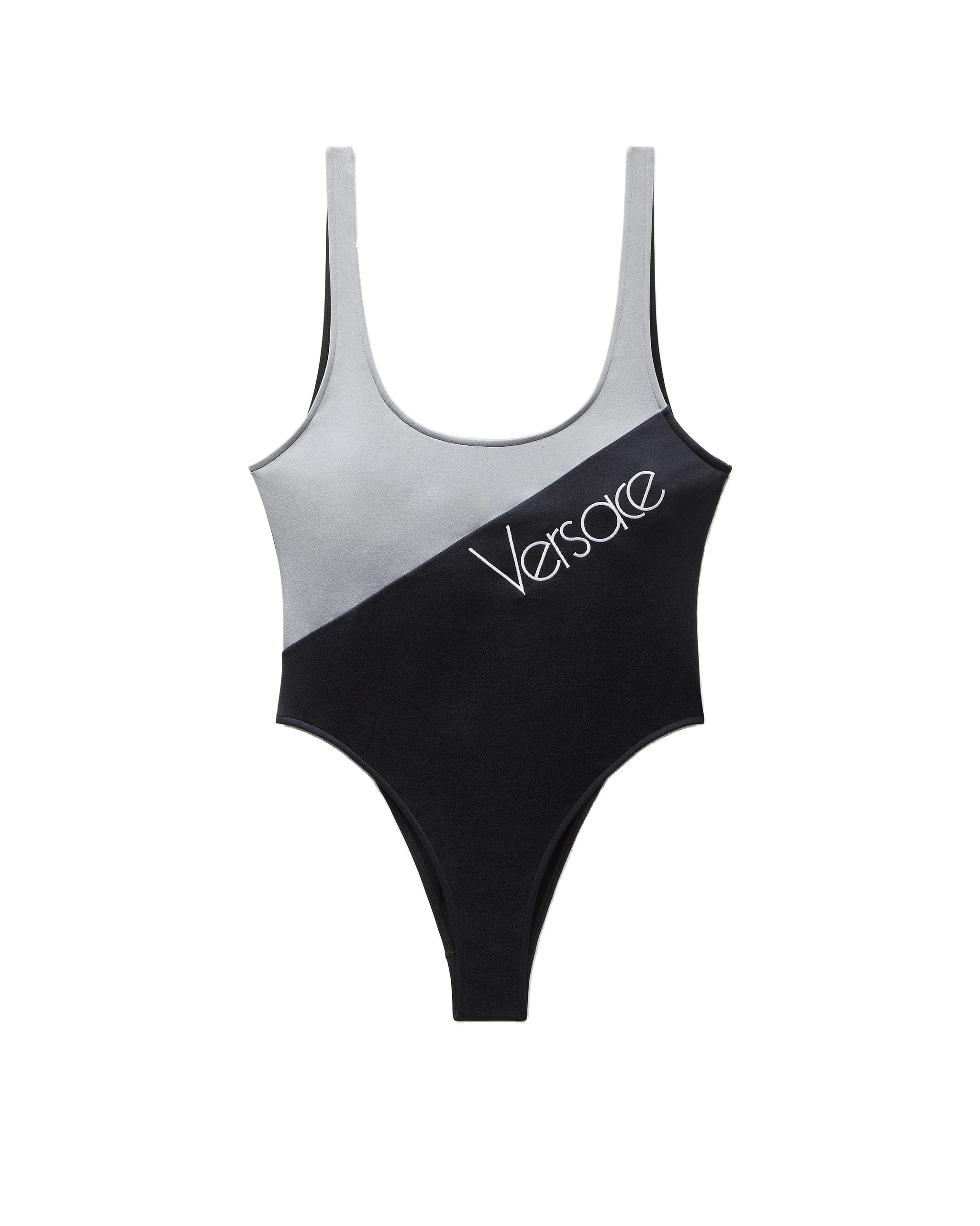 Versace Embroidered-Logo One-Piece Swimsuit in Black and Grey Versace Embroidered-Logo One-Piece Swimsuit in Black and Grey | Swimsuits | Coveti