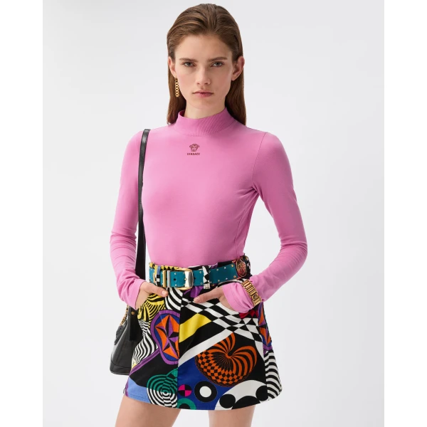 Versace Embroidered-Logo Stretch Cotton-Jersey Bodysuit in Pink, view 2 | Bodysuit