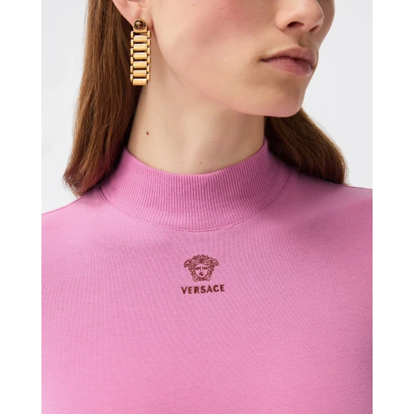 Versace Embroidered-Logo Stretch Cotton-Jersey Bodysuit in Pink, view 5 | Bodysuit