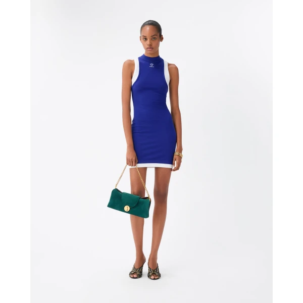 Versace Embroidered-Logo Stretch Cotton-Jersey Mini Dress in Blue, view 2 | Mini Dresses