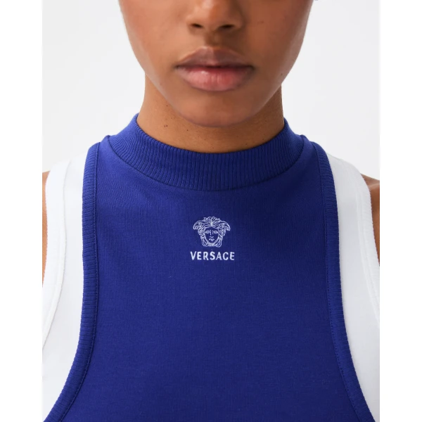 Versace Embroidered-Logo Stretch Cotton-Jersey Mini Dress in Blue, view 5 | Mini Dresses