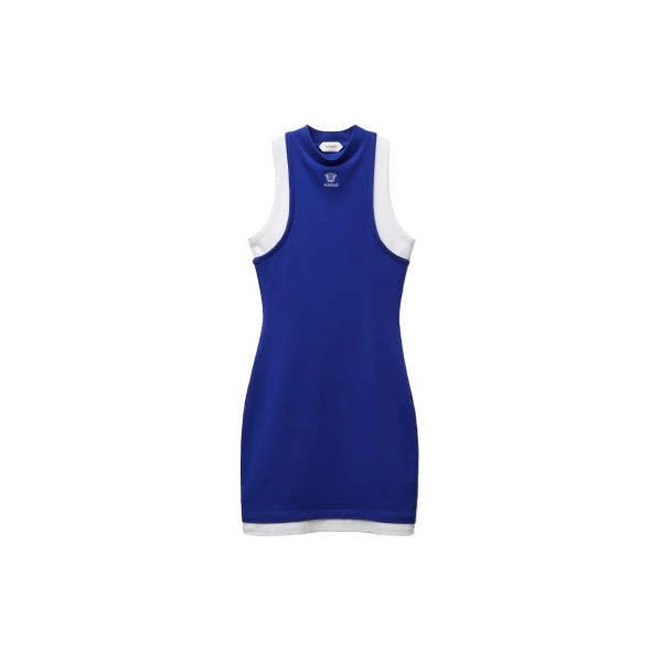 Versace Embroidered-Logo Stretch Cotton-Jersey Mini Dress in Blue | Mini Dresses | Coveti