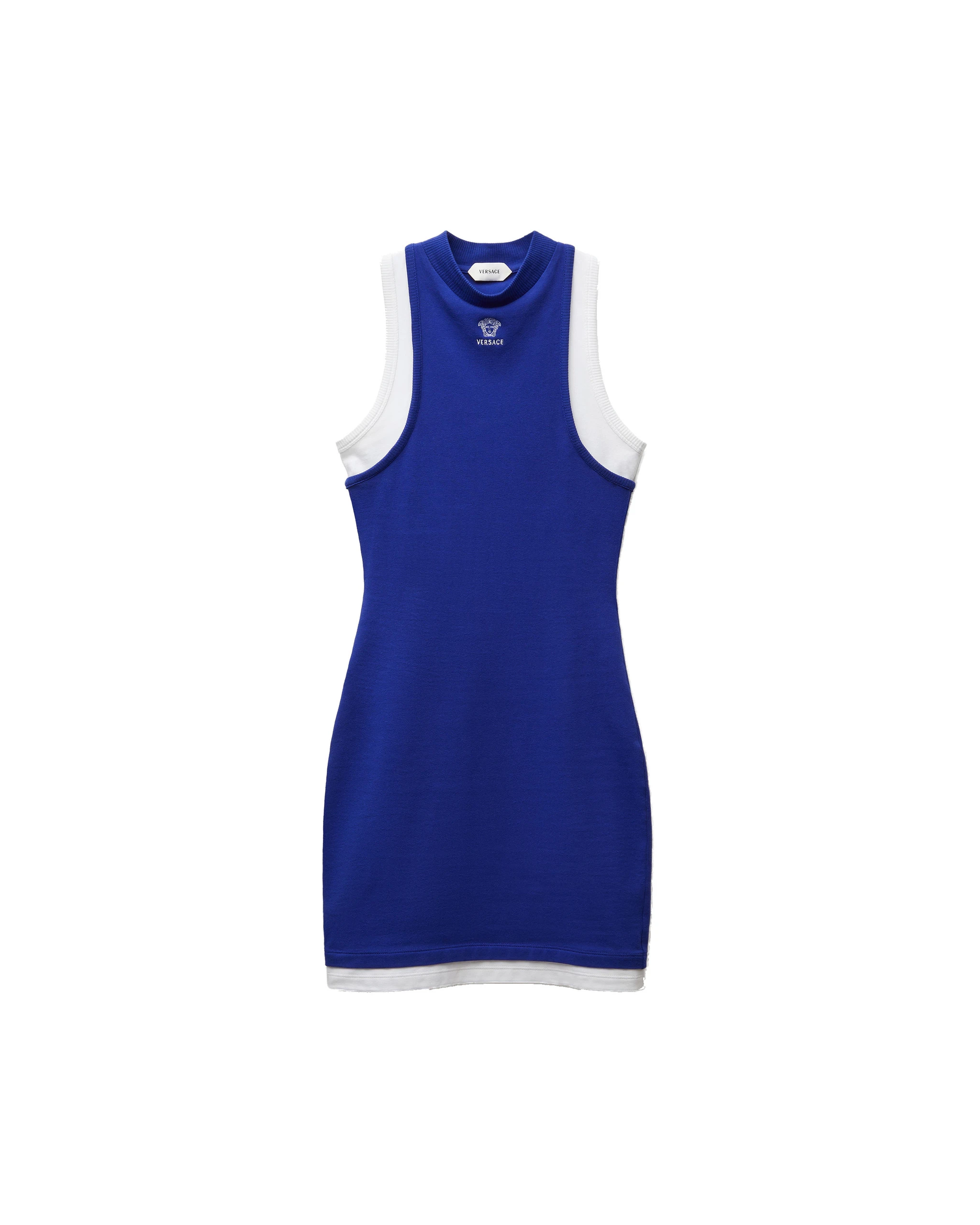Versace Embroidered-Logo Stretch Cotton-Jersey Mini Dress in Blue Versace Embroidered-Logo Stretch Cotton-Jersey Mini Dress in Blue | Mini Dresses | Coveti