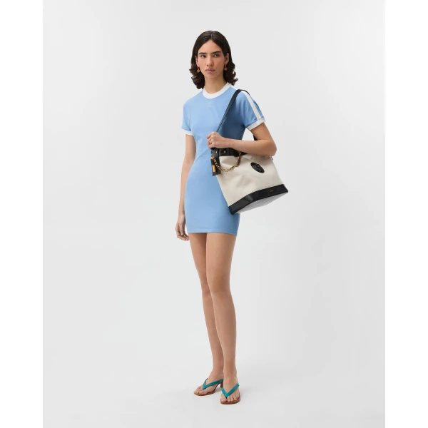 Versace Embroidered-Logo Stretch Cotton-Jersey Mini Dress in Light Blue, view 2 | Mini Dresses