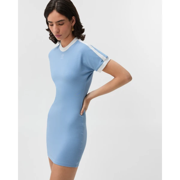 Versace Embroidered-Logo Stretch Cotton-Jersey Mini Dress in Light Blue, view 4 | Mini Dresses