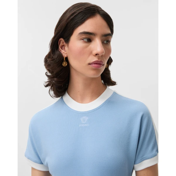 Versace Embroidered-Logo Stretch Cotton-Jersey Mini Dress in Light Blue, view 5 | Mini Dresses